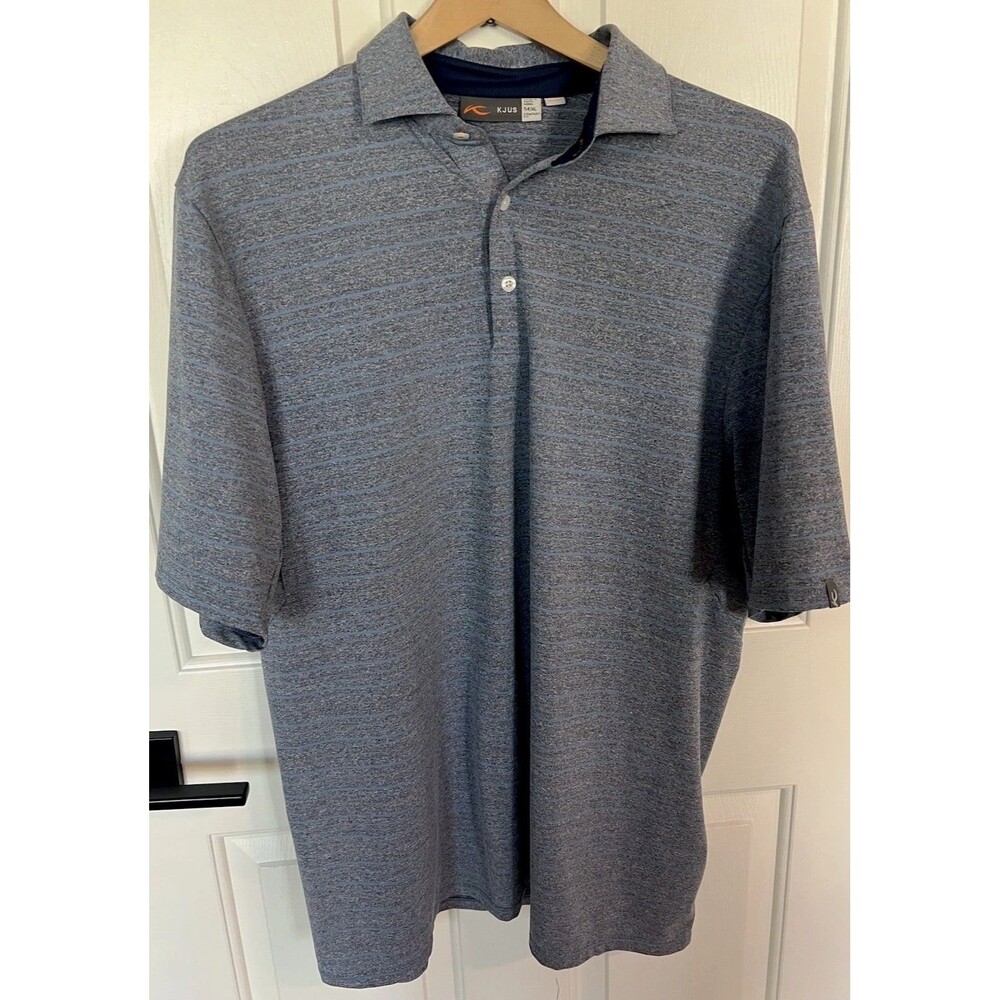KJUS Mens XL Polo Shirt Gray Blue Stripe UPF 50+ Short Sleeve Golf